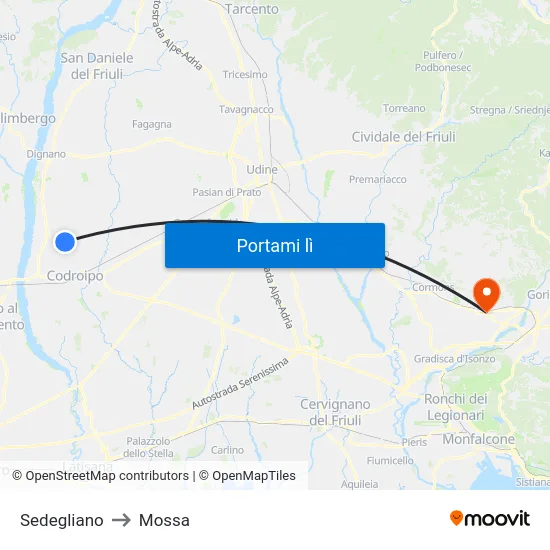 Sedegliano to Mossa map