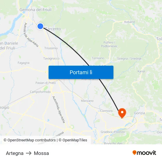 Artegna to Mossa map