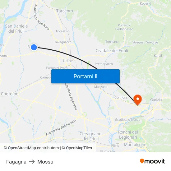 Fagagna to Mossa map