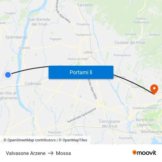 Valvasone Arzene to Mossa map