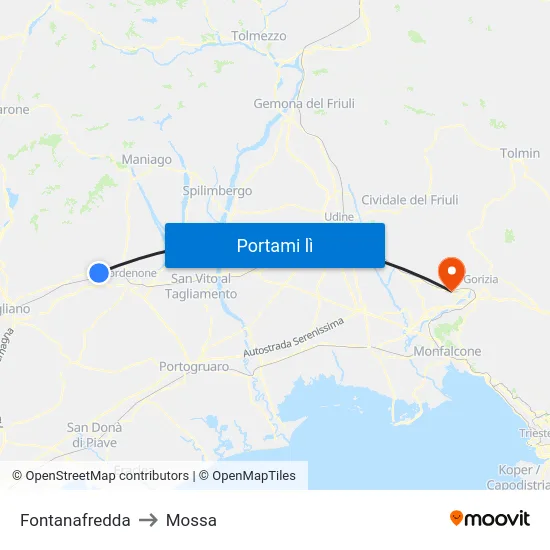 Fontanafredda to Mossa map