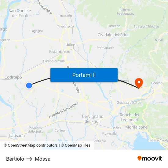 Bertiolo to Mossa map