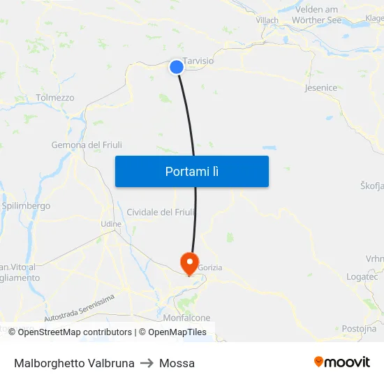 Malborghetto Valbruna to Mossa map