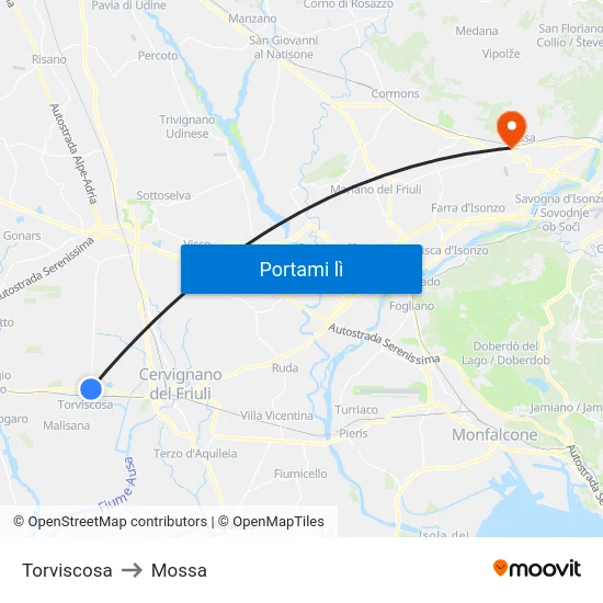 Torviscosa to Mossa map