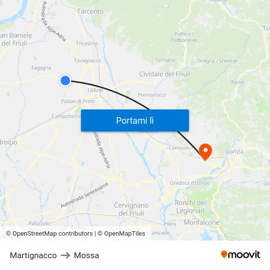 Martignacco to Mossa map