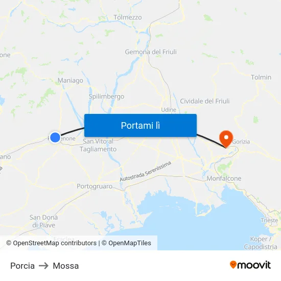 Porcia to Mossa map