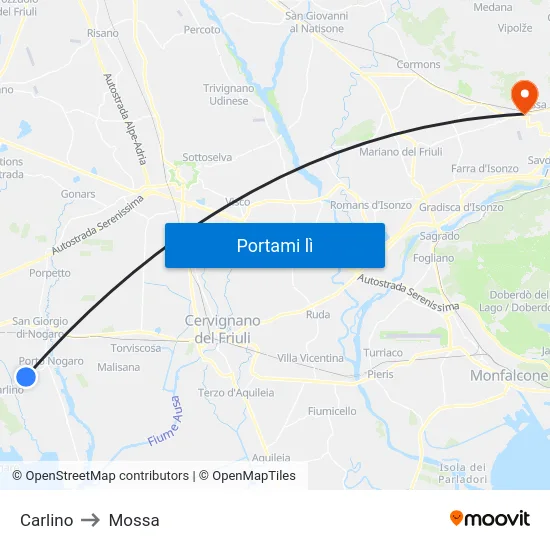 Carlino to Mossa map