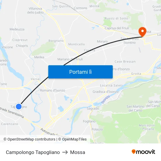 Campolongo Tapogliano to Mossa map