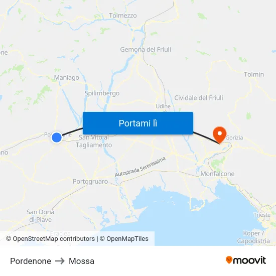 Pordenone to Mossa map