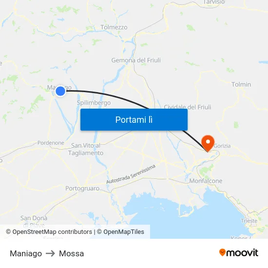 Maniago to Mossa map