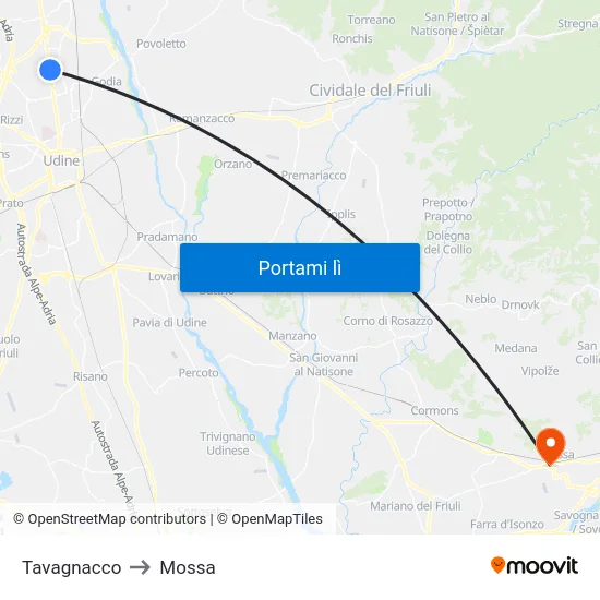 Tavagnacco to Mossa map