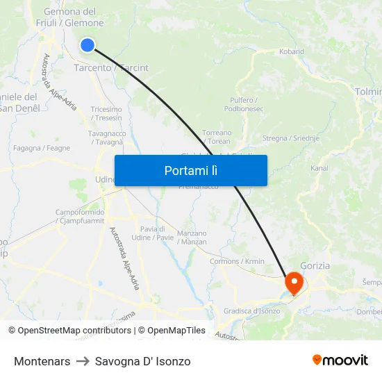 Montenars to Savogna D' Isonzo map
