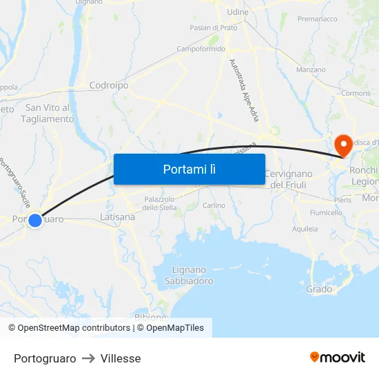 Portogruaro to Villesse map