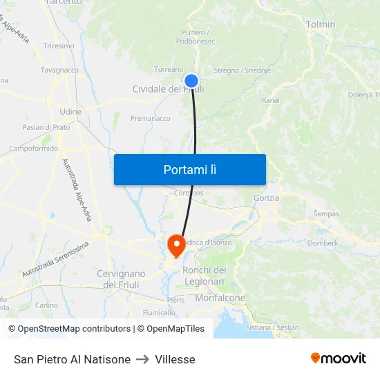 San Pietro Al Natisone to Villesse map