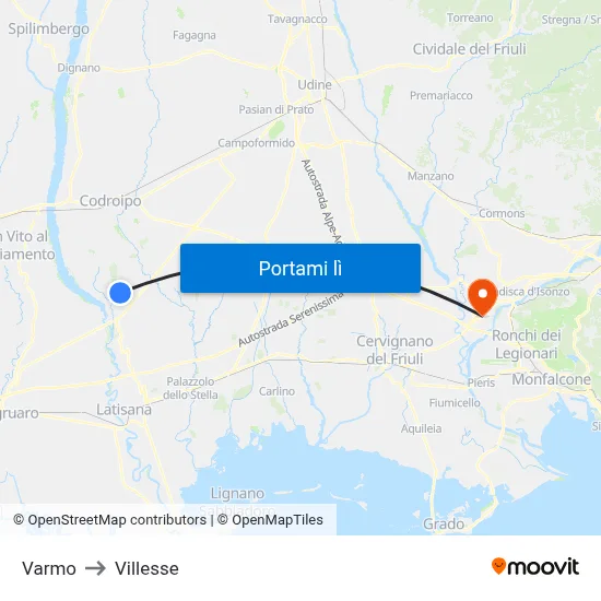 Varmo to Villesse map