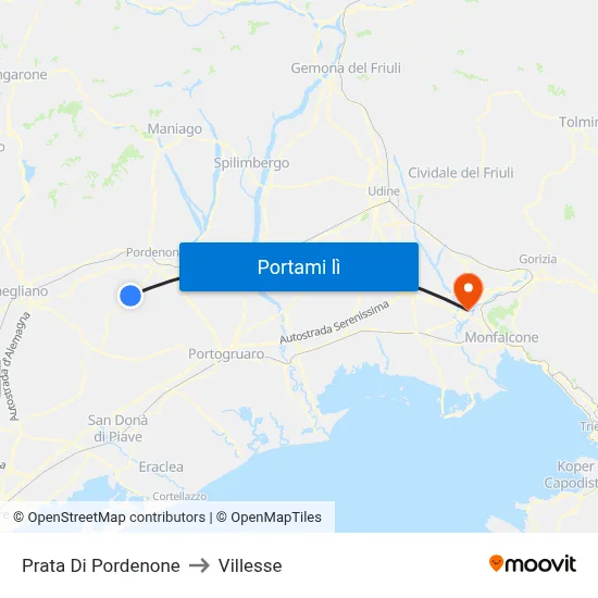 Prata Di Pordenone to Villesse map