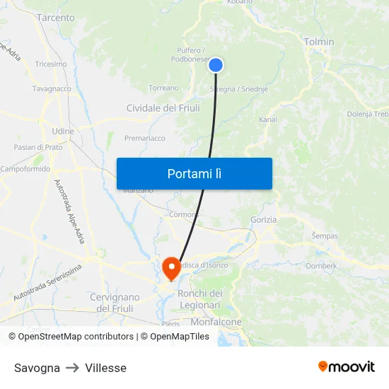 Savogna to Villesse map