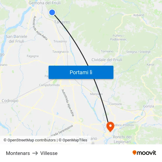 Montenars to Villesse map