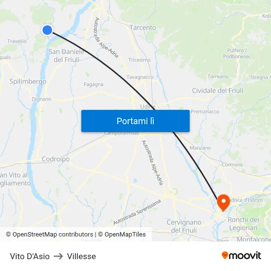 Vito D'Asio to Villesse map