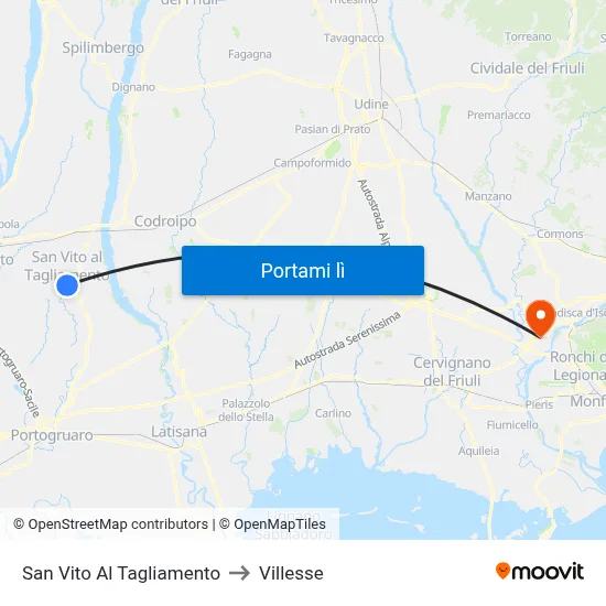 San Vito Al Tagliamento to Villesse map