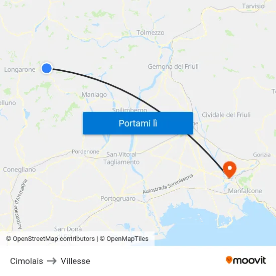 Cimolais to Villesse map