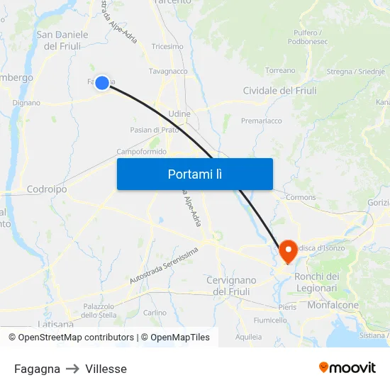 Fagagna to Villesse map