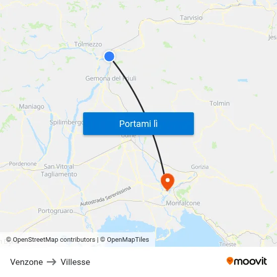 Venzone to Villesse map