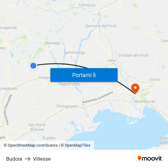 Budoia to Villesse map