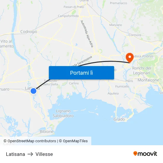 Latisana to Villesse map