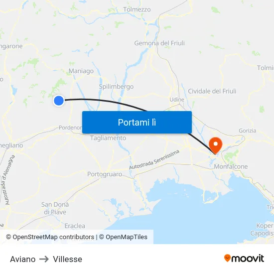Aviano to Villesse map
