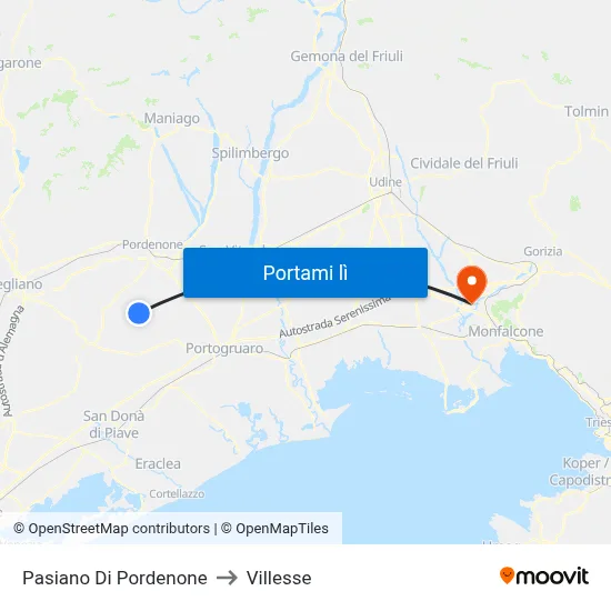 Pasiano Di Pordenone to Villesse map
