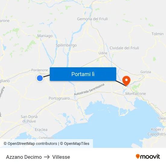 Azzano Decimo to Villesse map