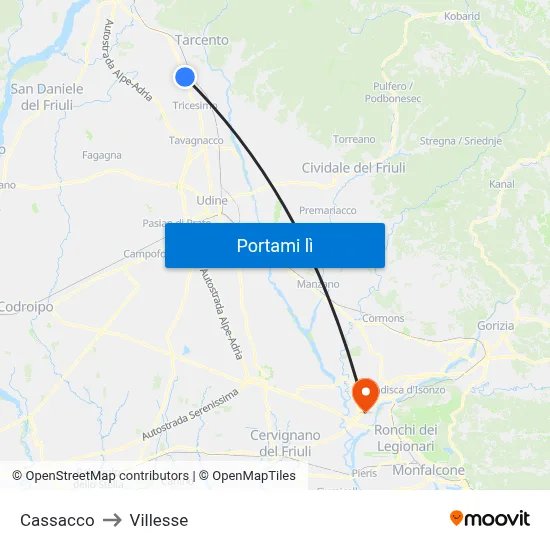 Cassacco to Villesse map