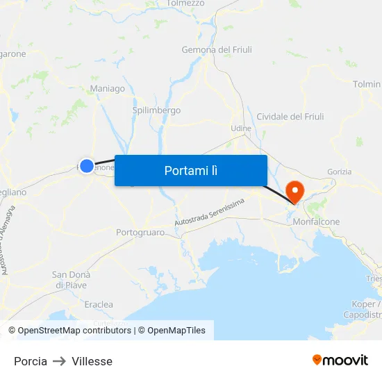 Porcia to Villesse map