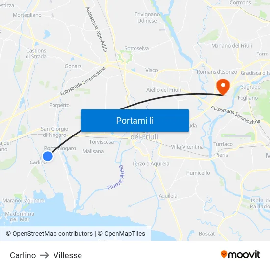 Carlino to Villesse map