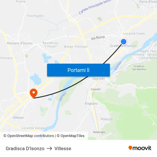 Gradisca D'Isonzo to Villesse map