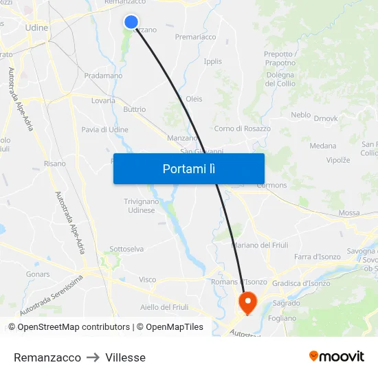 Remanzacco to Villesse map