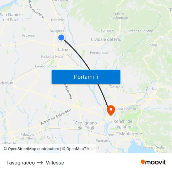Tavagnacco to Villesse map