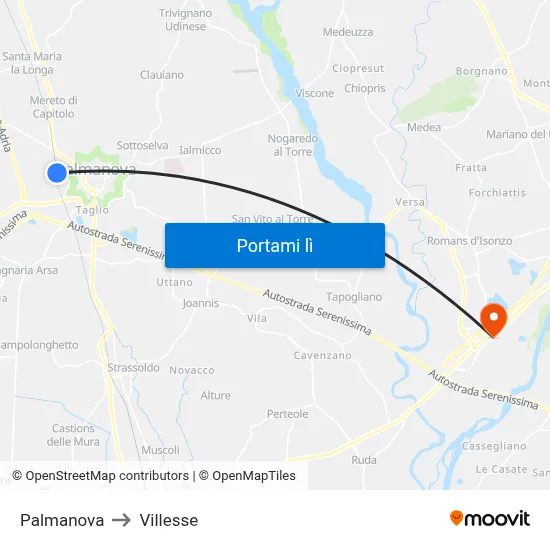 Palmanova to Villesse map