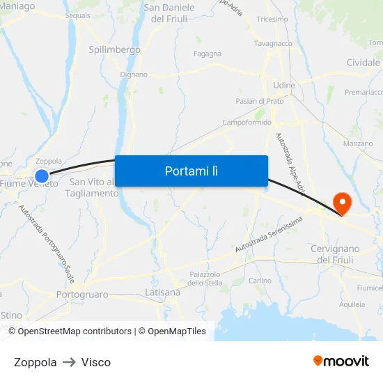 Zoppola to Visco map