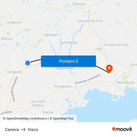 Caneva to Visco map