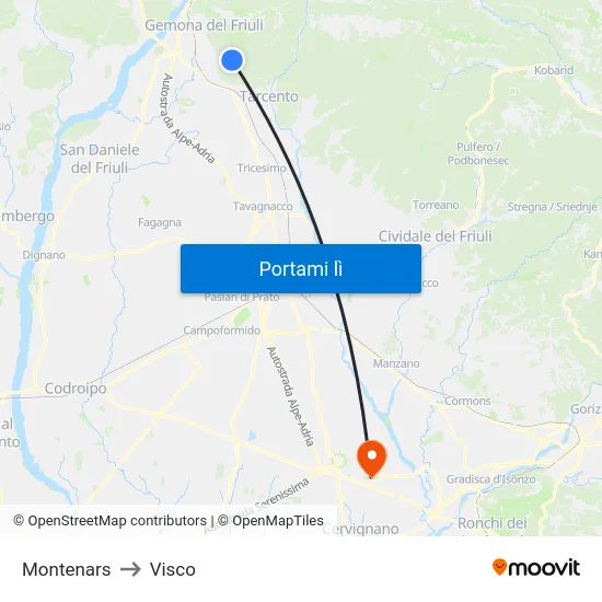 Montenars to Visco map