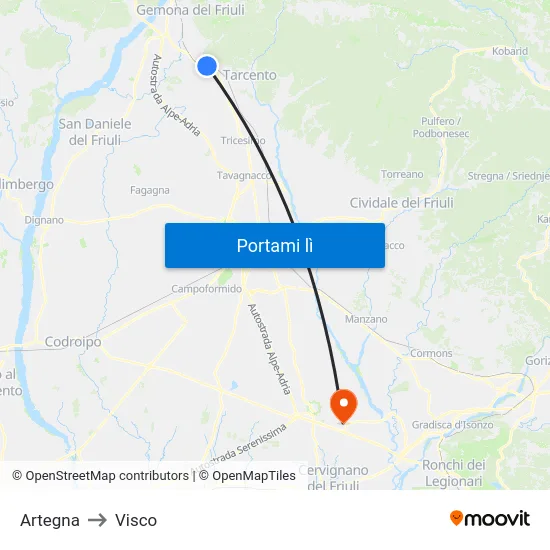 Artegna to Visco map