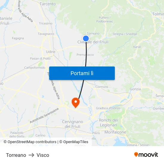 Torreano to Visco map