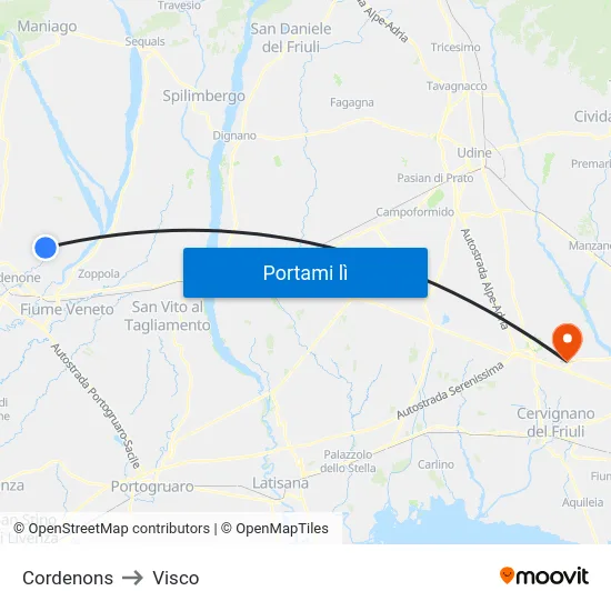 Cordenons to Visco map