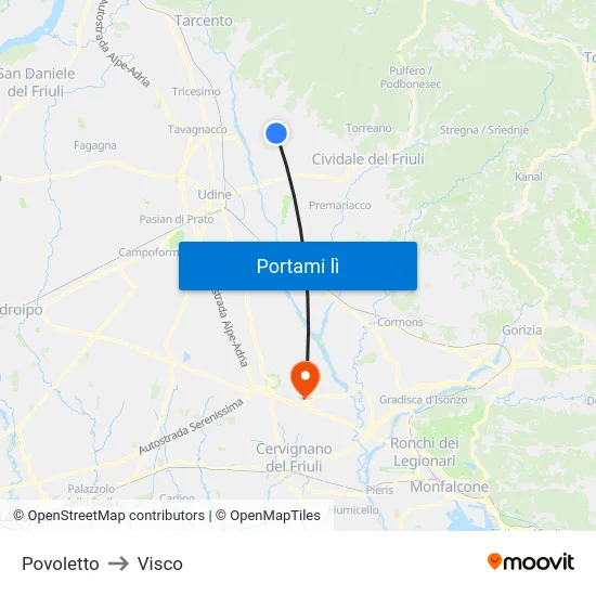 Povoletto to Visco map