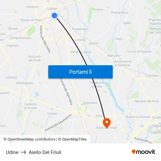 Udine to Aiello Del Friuli map