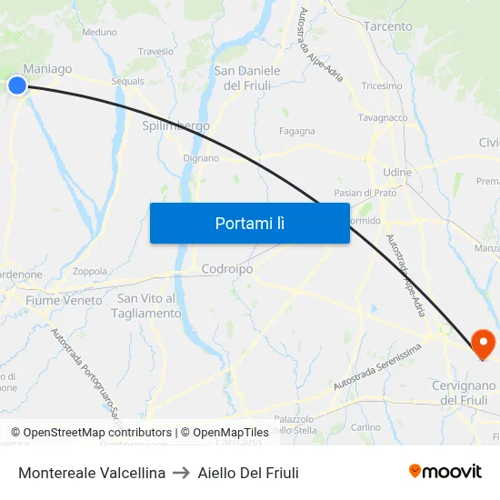 Montereale Valcellina to Aiello Del Friuli map