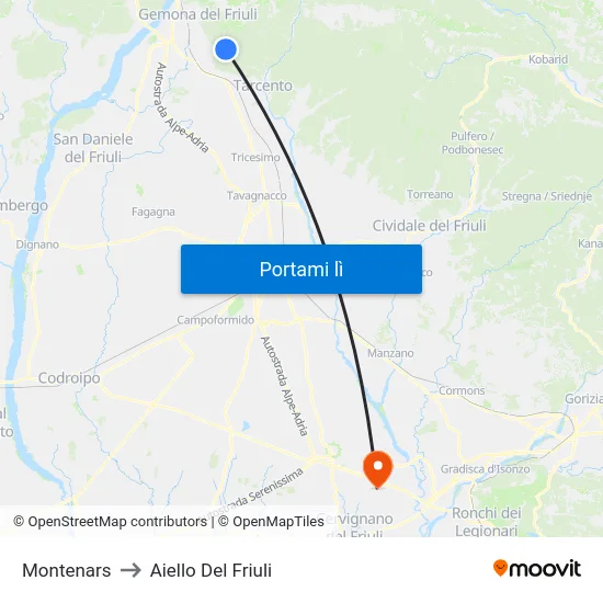 Montenars to Aiello Del Friuli map
