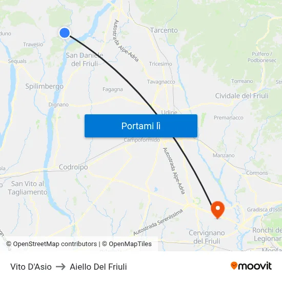 Vito D'Asio to Aiello Del Friuli map